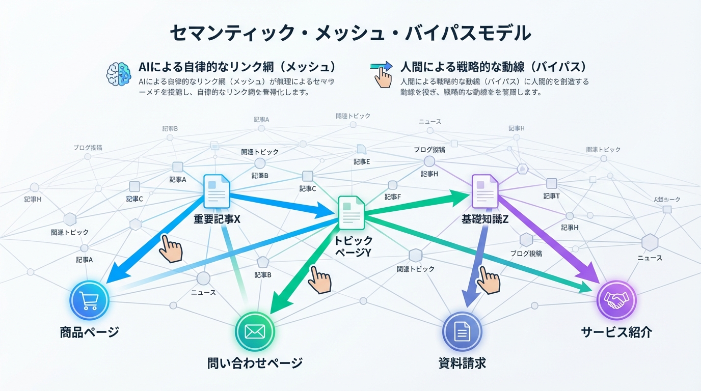 セマンティック・メッシュ・バイパスモデルの概念図。AIが構築する網の目状のリンク（メッシュ）と、人間が設定する戦略的なリンク（バイパス）の融合を示している。