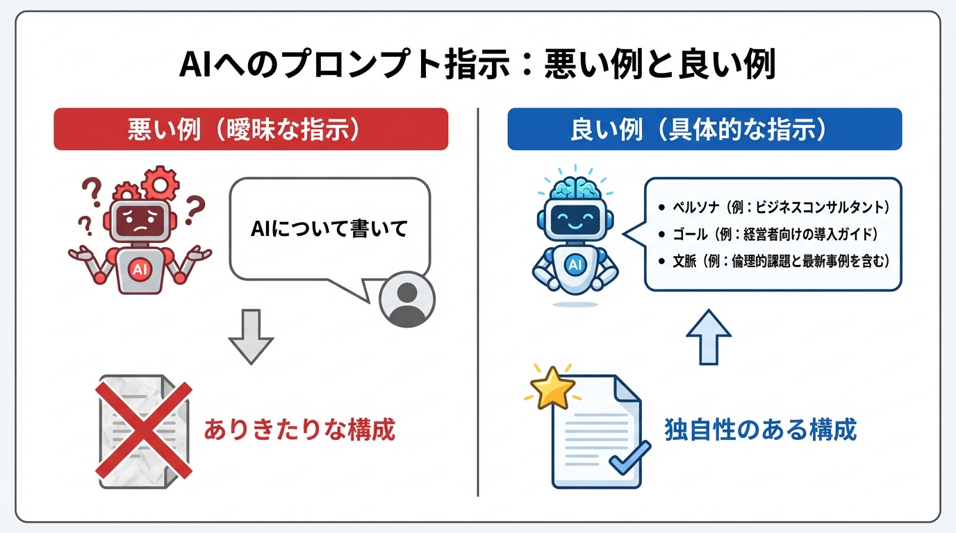 AIへの指示における悪い例と良い例の比較図解。曖昧な指示ではありきたりな構成になり、ペルソナやゴールを具体的に指示することで独自性のある構成になることを示しています。