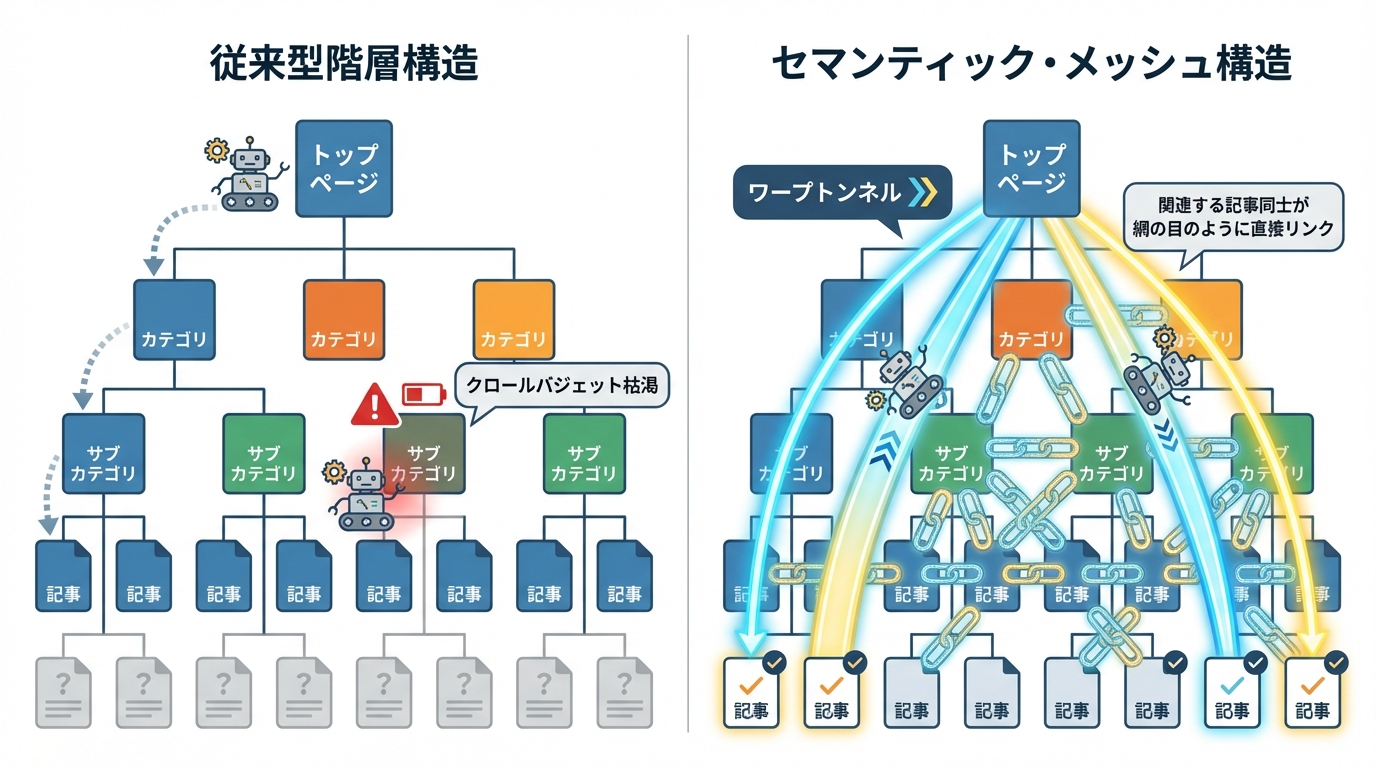 従来の階層構造とセマンティック・メッシュ構造におけるクローラーの動きの比較図解。メッシュ構造ではワープトンネルによって深い階層にも直接到達できる。