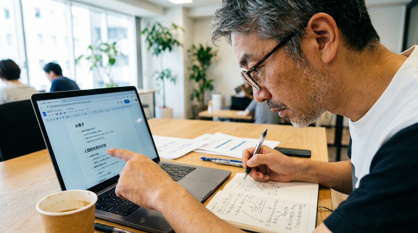 AIが作成した記事の骨子に、人間が自身の経験や一次情報を書き加え、コンテンツの価値を高めている様子。戦略的なAI活用を象徴する一枚。