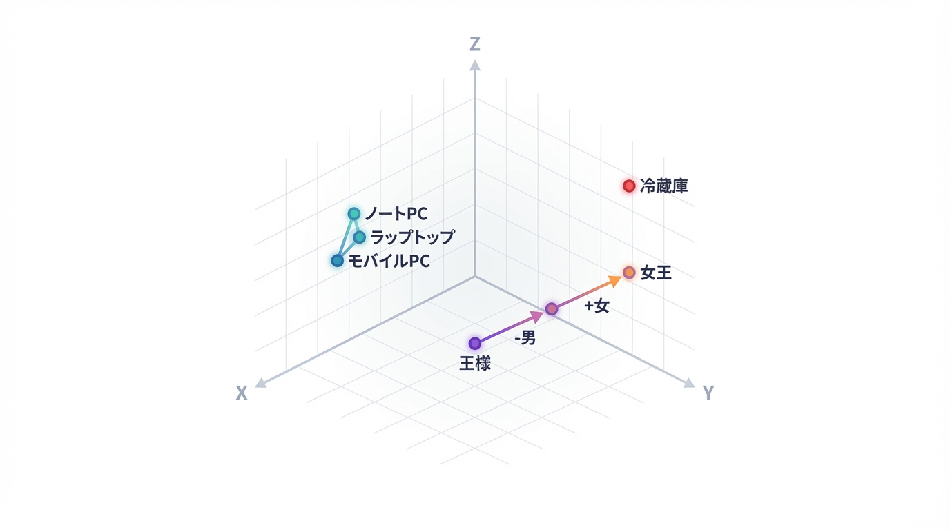埋め込み表現（Embedding）の概念図。単語が意味の近さに応じてベクトル空間に配置され、「ノートPC」と「ラップトップ」は近く、「冷蔵庫」は遠くに位置することを示している。