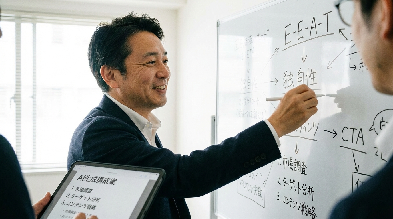 AIが生成した構成案を基に、E-E-A-Tやコンバージョン導線といった人間ならではの戦略を練るビジネスパーソン。AIと人間の協業を象徴する一枚。