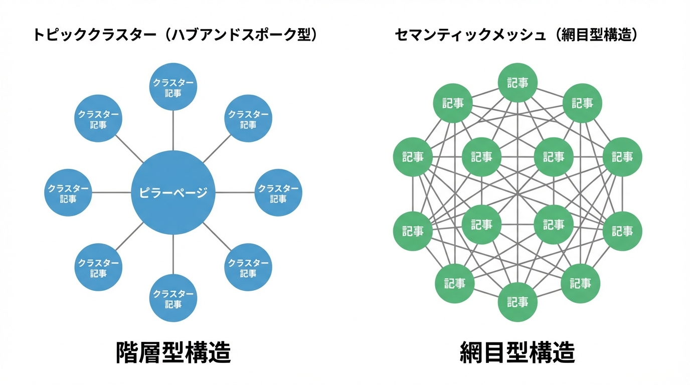 従来のトピッククラスターモデルと次世代のセマンティックメッシュモデルのサイト構造比較図。セマンティックメッシュは記事同士が網の目のように直接繋がり、回遊性と巡回効率が高いことを示している。