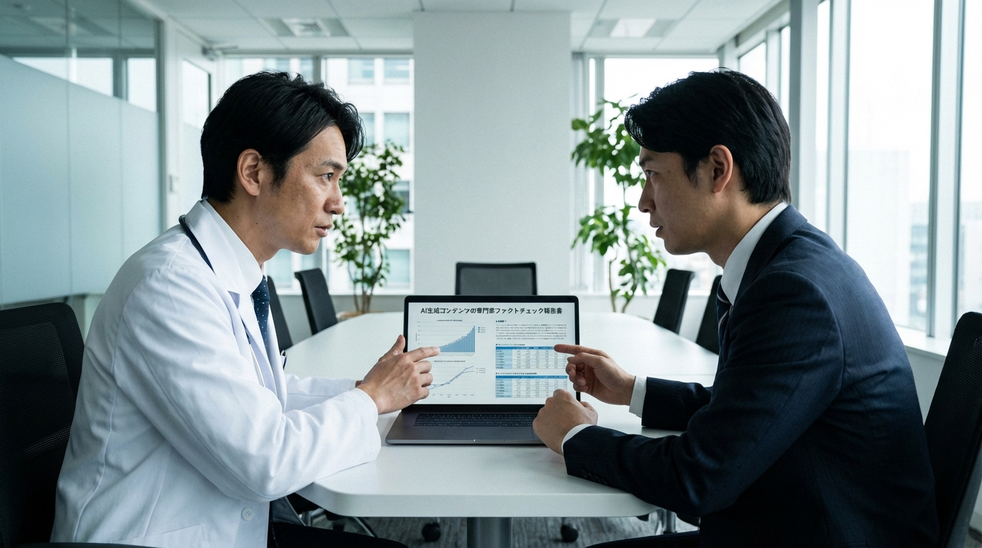 専門家監修の重要性を示す画像。医師と弁護士が協力してAI生成コンテンツのファクトチェックを行っている。