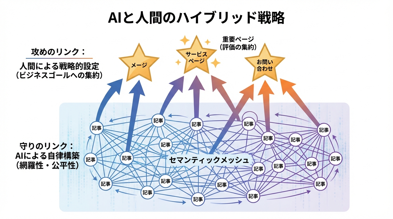 AIと人間が協業するセマンティック・メッシュ・バイパスモデルの概念図。AIが網羅的なメッシュ（守り）を構築し、人間が重要ページへ評価を集約するバイパス（攻め）を設定するハイブリッド戦略を示している。