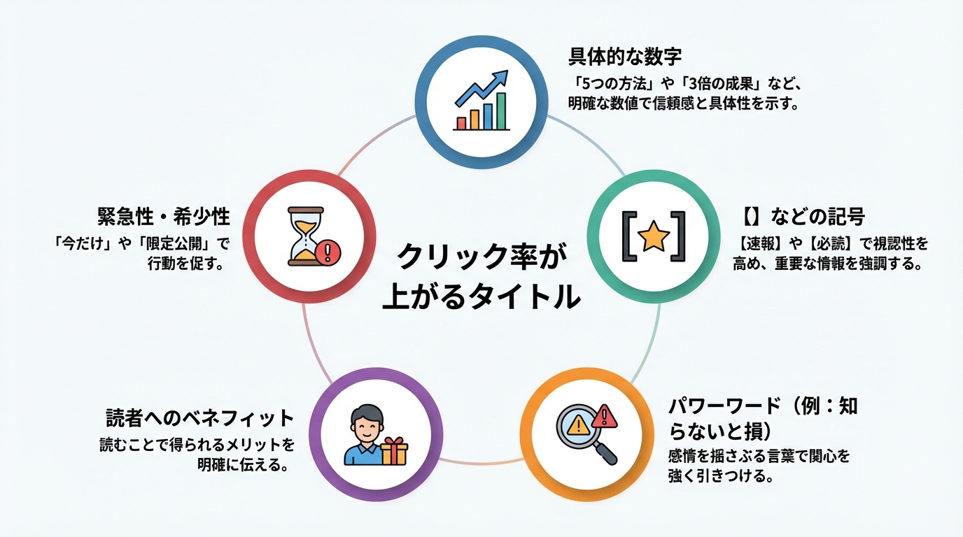 クリック率を高める記事タイトルの5つの要素(数字、記号、パワーワード、ベネフィット、緊急性)をまとめたインフォグラフィック。