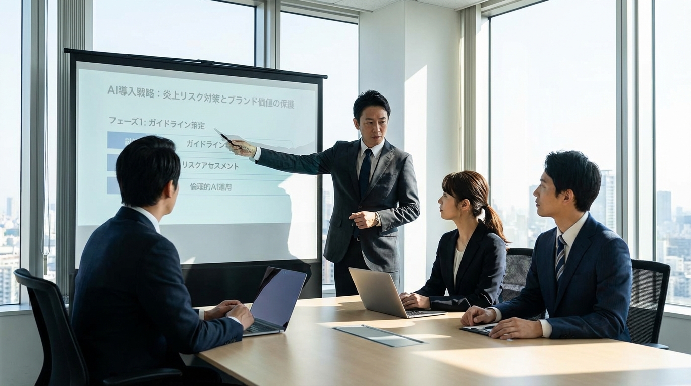 会議室でAIによるリスク管理の導入について議論するビジネスパーソンたち。企業の守りを固めるための前向きな経営判断のシーンを表現している。