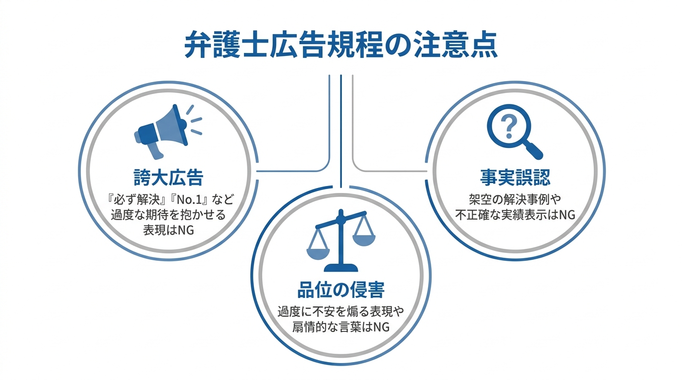 AIコラムで注意すべき弁護士広告規程の3つのポイント(誇大広告、事実誤認、品位の侵害)をまとめた図解。