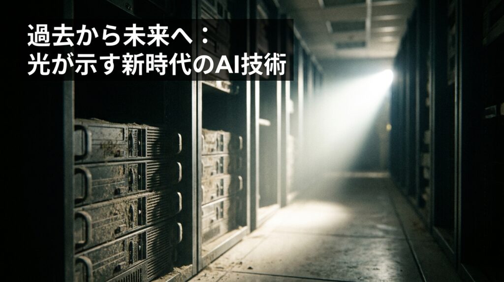 Data center aisle with rows of server racks and a bright beam of light at the far end, overlaid with a Japanese headline about AI technology: 過去から未来へ：光が示す新時代のAI技術