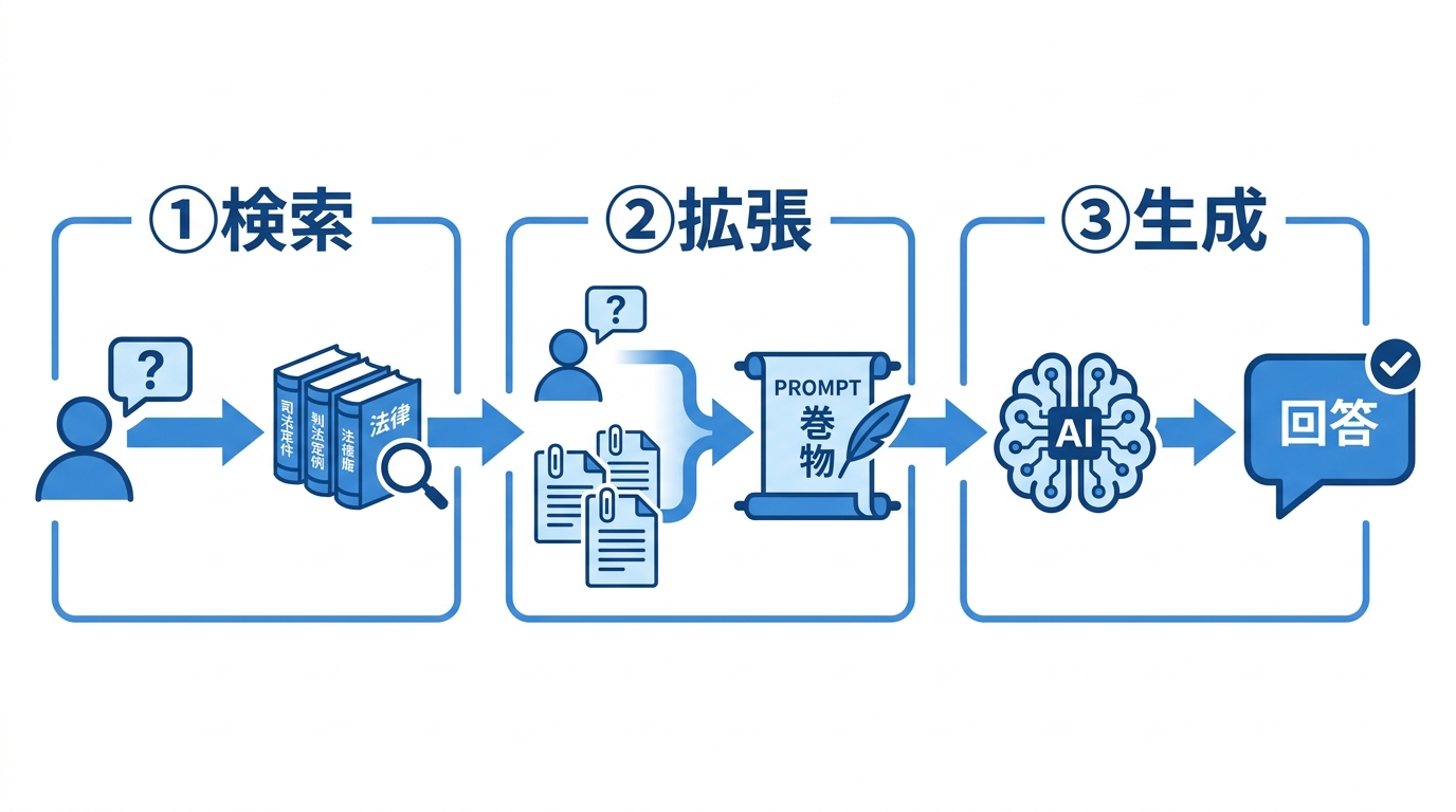 RAG（検索拡張生成）の仕組みを図解したフローチャート。ユーザーの質問からデータソースを検索し、得られた情報でプロンプトを拡張、その情報に基づいてAIが回答を生成する3つのステップを示している。