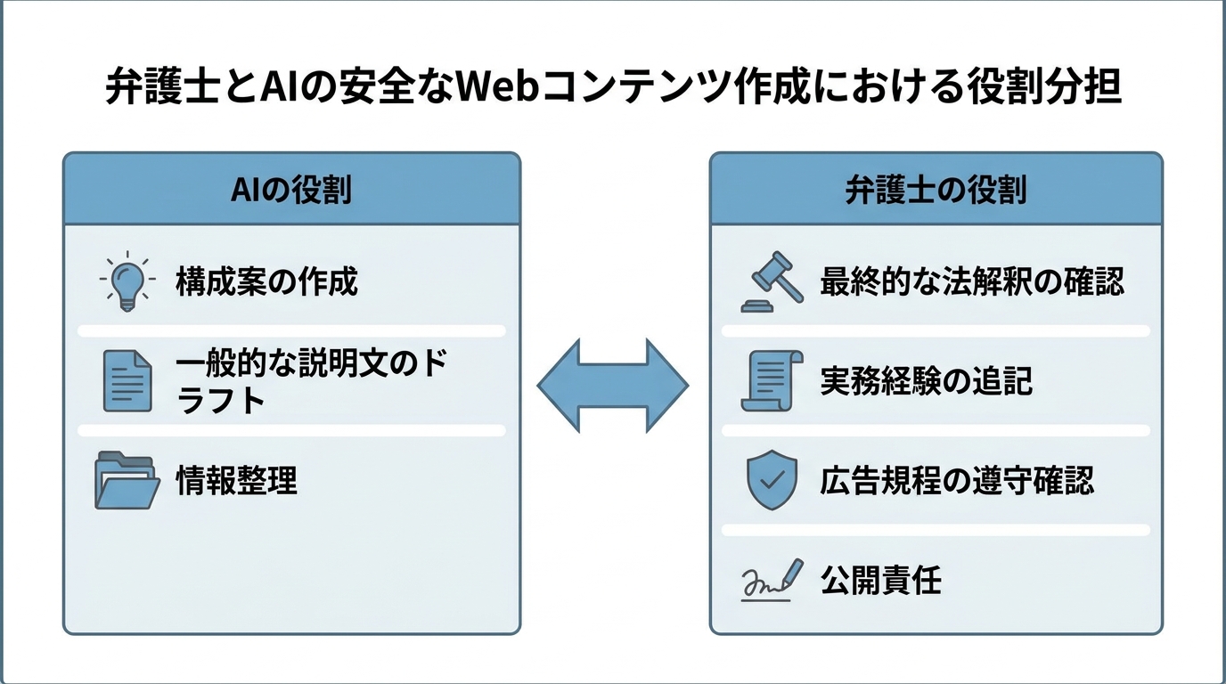 弁護士とAIの役割分担を示した図解。AIは構成案作成やドラフトを担当し、弁護士は最終確認や実務経験の追記、公開責任を担うという協業モデルを表している。