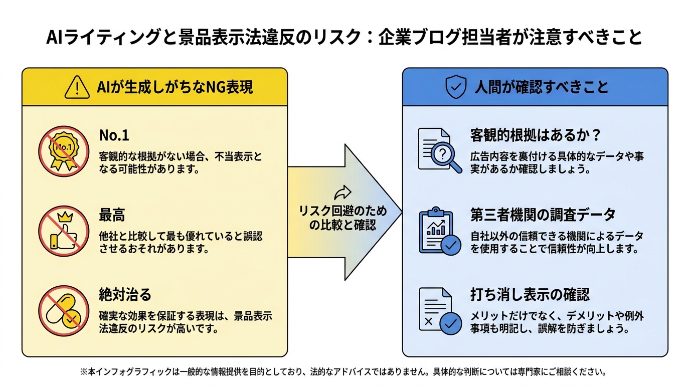 AIライティングにおける景品表示法のリスクを解説する図解。左にAIが生成しがちなNG表現、右に人間が確認すべきチェック項目が対比されている。