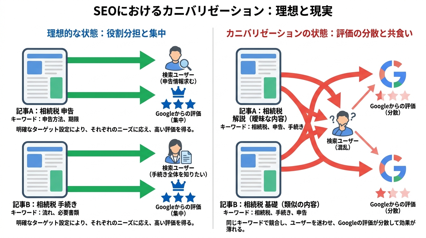 SEOにおけるカニバリゼーションの仕組みを図解。理想的な状態と、評価が分散してしまうカニバリゼーションの状態を比較している。