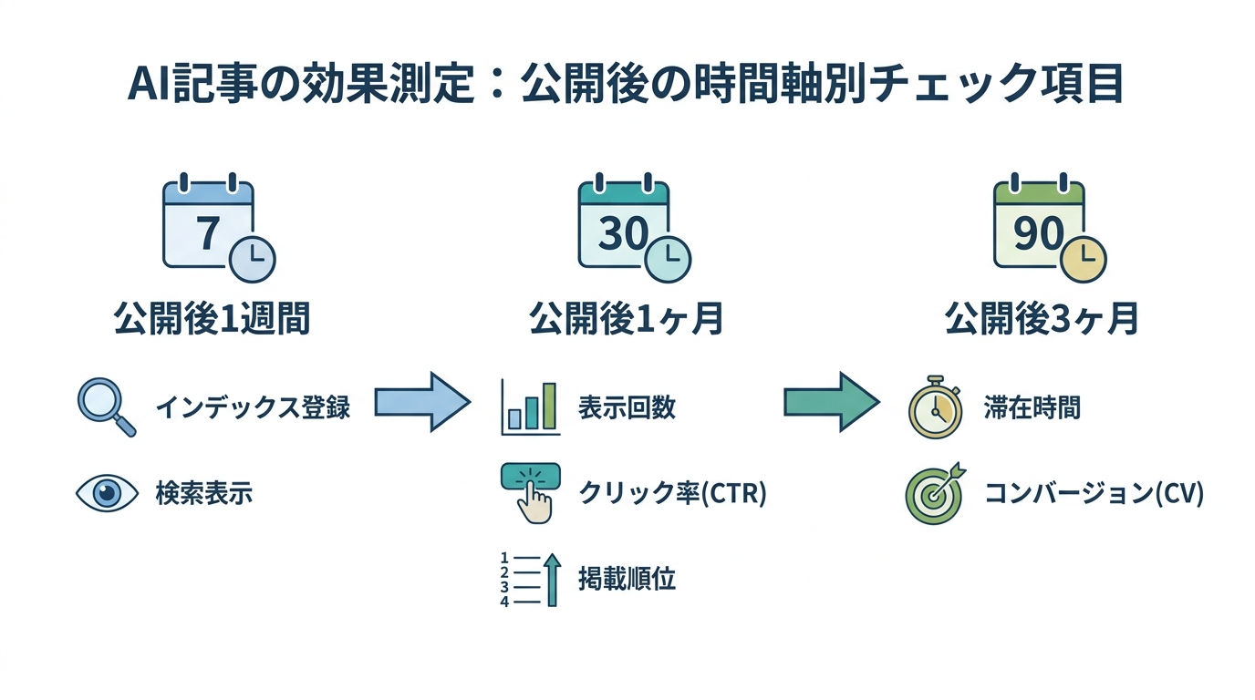 AI記事の効果測定における公開後の時系列ごとのチェック項目を示した図解。1週間後はインデックス登録、1ヶ月後はクリック率や順位、3ヶ月後は滞在時間やコンバージョンを確認する流れが描かれている。