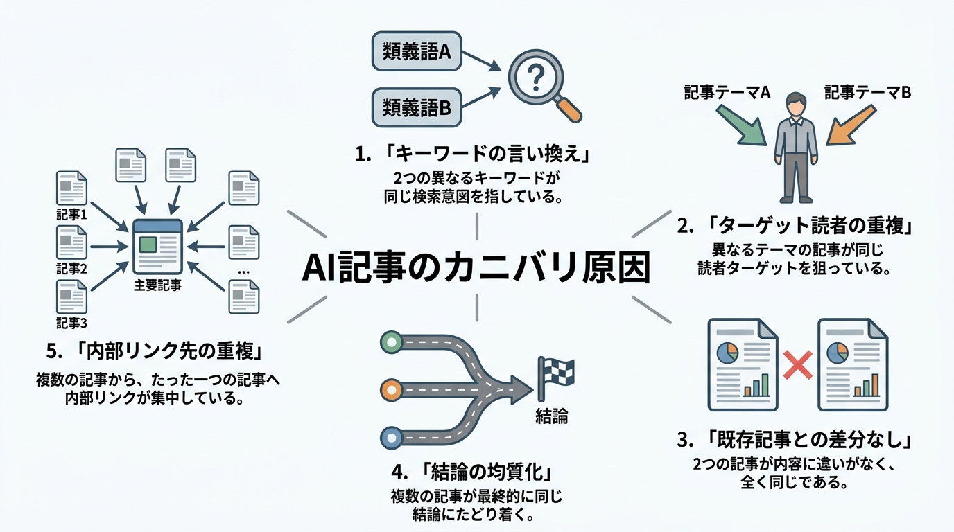 AI記事でカニバリゼーションが発生する5つの根本原因を図解したインフォグラフィック。キーワードの言い換え、読者の重複、既存記事との差分なし、結論の均質化、内部リンクの重複が示されている。