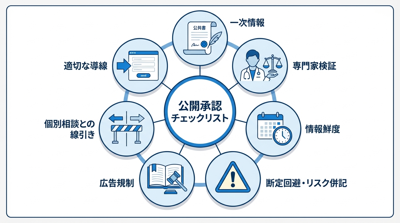 YMYL領域でAI記事を公開する前に満たすべき7つの必須条件を円形に配置したチェックリストの図解。一次情報、専門家検証、情報鮮度などの項目がアイコンと共に示されている。