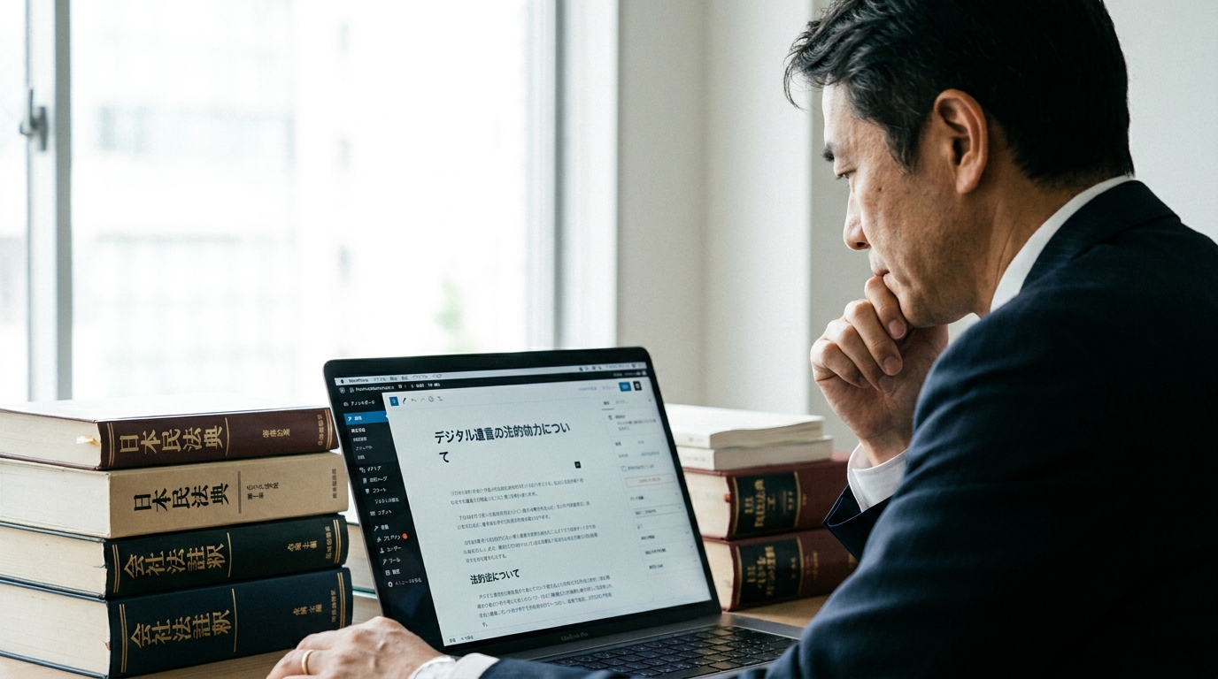 WordPressでのコラム作成に悩む弁護士。AIで文章を作成した後も、入稿や設定といった手作業が残るという課題を象徴している。