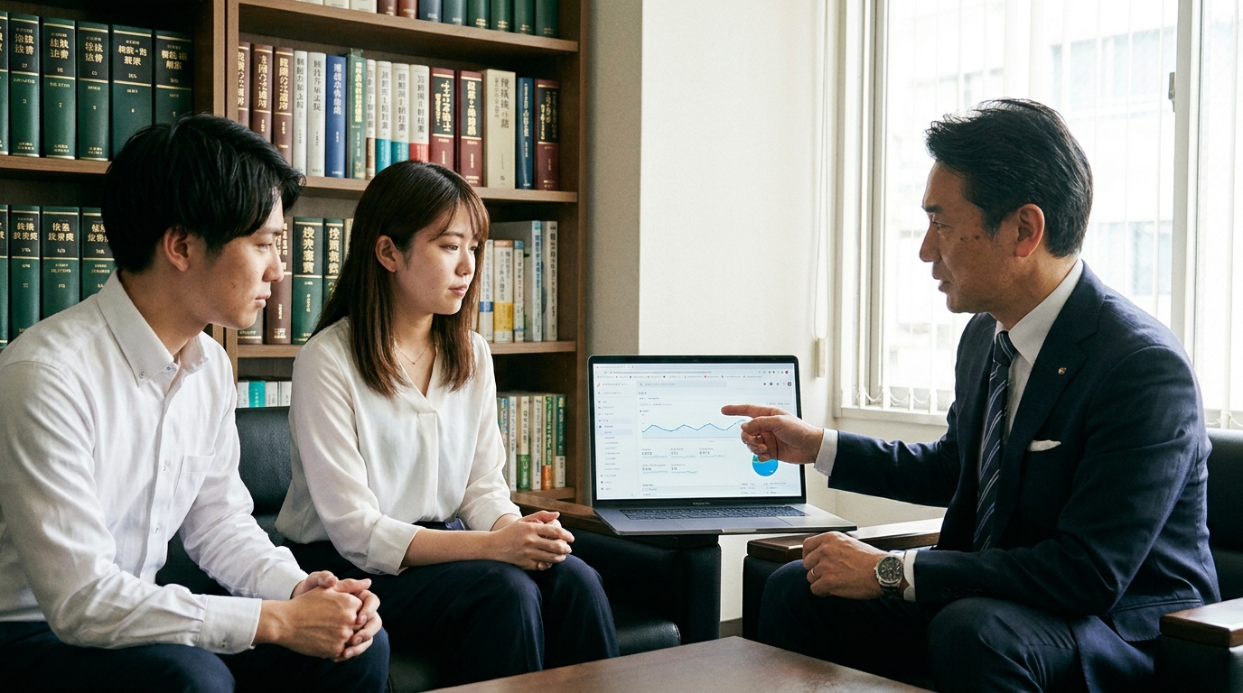 士業事務所で専門家とWeb担当者が打ち合わせをしている様子。専門記事の品質管理とカニバリ対策の重要性を示唆している。