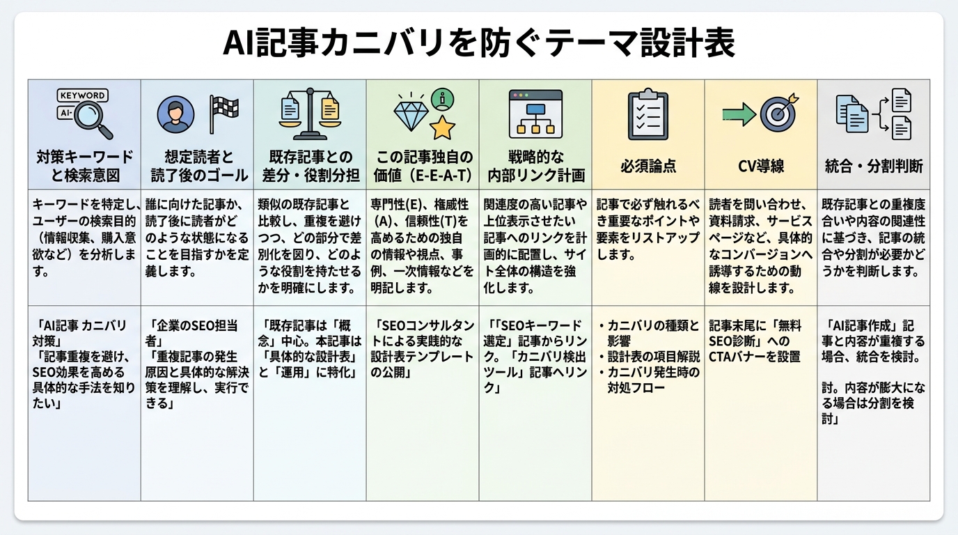 AI記事のカニバリゼーションを防ぐための「テーマ設計表」のテンプレート図解。対策キーワード、想定読者、既存記事との差分、独自の価値、内部リンク計画、必須論点、CV導線、統合・分割判断の8項目が示されている。