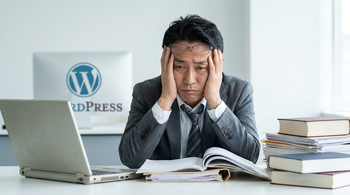 WordPressでの記事品質管理に悩む専門家のイラスト。山積みの書類の前で頭を抱え、AI時代のコンテンツ運用の難しさを示している。