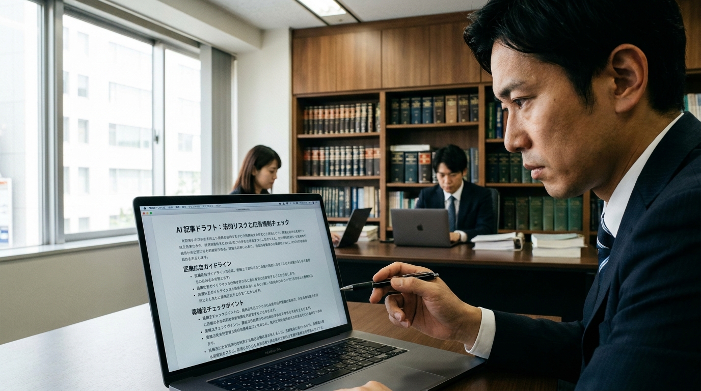 専門家がAIが生成した記事のリーガルチェックを行っている様子。AIと人間の協業における最終確認の重要性を示している。