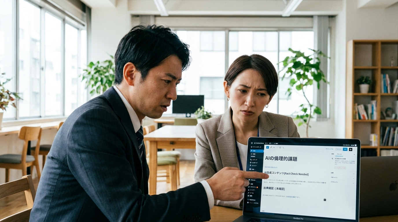WordPressの編集画面を見ながら、2人のビジネスパーソンがAI生成記事のファクトチェックについて真剣に議論している。AIライティングツールOGAIを使った効率的なコンテンツ制作の様子。
