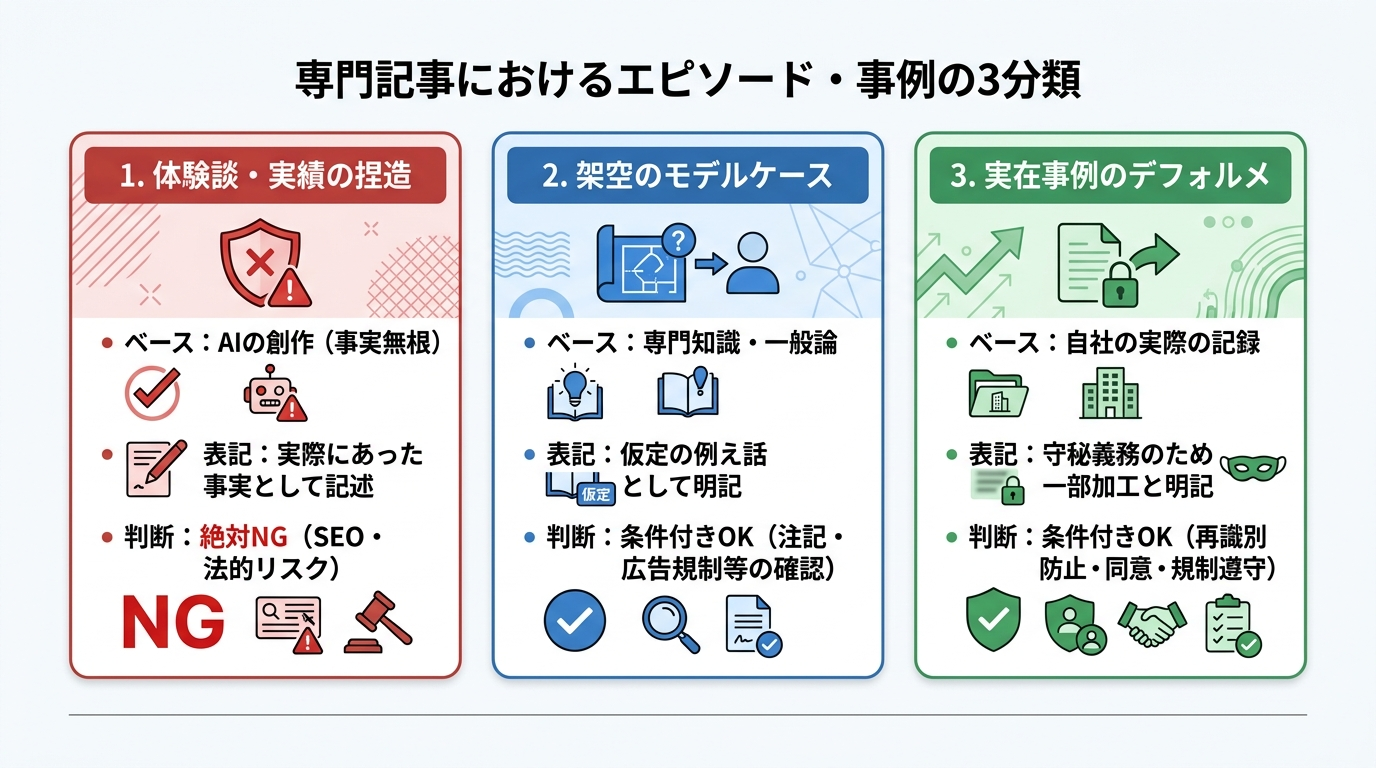 専門記事における「体験談の捏造」「架空のモデルケース」「実在事例のデフォルメ」の3分類と掲載判断基準の比較図解